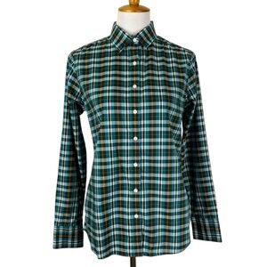 Lands End No Iron Supima Button Down Shirt Sz. 6 Plaid Teal Orange Black